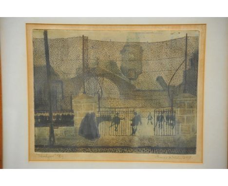 A framed limited edition Thomas Walsh lithograph entitled 'Schoolyard', number 13/27. Approximately 52x59cm
