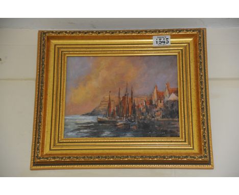 A framed Colin Ruseel oil painting depicting fishing boats with sails at Staithes harbour, the frame measuring approximately 