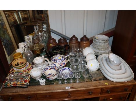 A large collection of various glass and china to include table glassware, part dinner service, gilt decorated teaware, oil la