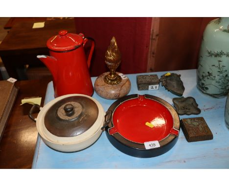 A red enamel coffee pot; a red and black glazed ashtray; a Sheffield plate trinket box; a door stop etc.