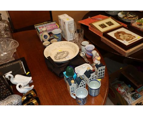 A pair of Copenhagen pottery mugs; four Delft KLM liqueur houses; various other decorative china; a watch; a cigarette lighte