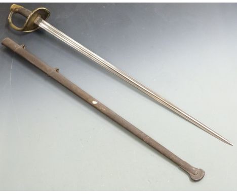 A 19thC Heavy Cavalry sword with modified guard, 98cm double fullered blade and metal scabbard&nbsp;