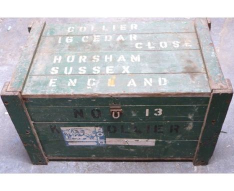 A vintage tool chest with sliding drawer interior and shipping labels, vintage painted teak or similar. W80 x D46 x H47cm&nbs
