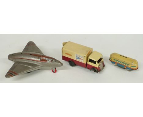Three tinplate toys comprising Tri-ang Minic clockwork British Railways lorry, Wells Brimtoy friction powered Wonder Jet Plan