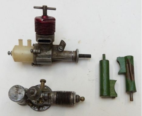 ME Heron vintage diesel compression ignition model aircraft engine with twin exhausts together with a Spitzy glow engine