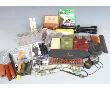 A collection of gun and shooting accessories including Nikko Sterling Silver Crown 4x40 scope, ammunition pouches, cleaning k