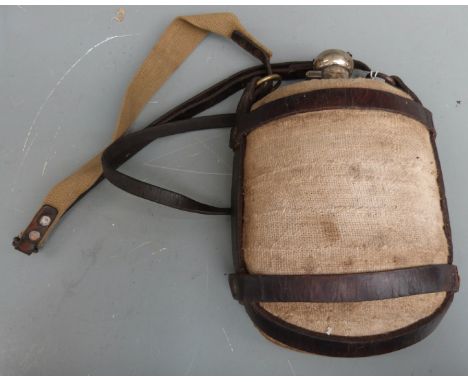 Boer War era water bottle / flask, canvas cover with leather strap carrier