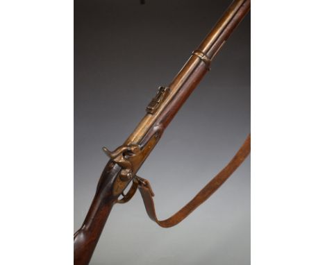 Enfield pattern three band percussion hammer action gun with 1827 Tower and crown over VR cypher to the lock, brass trigger g