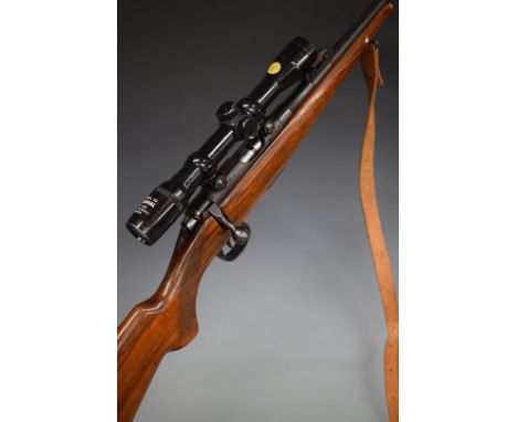 BRNO Model 2 .22 bolt-action rifle with chequered semi-pistol grip, magazine, leather sling, Original Model 10 4x32 scope and