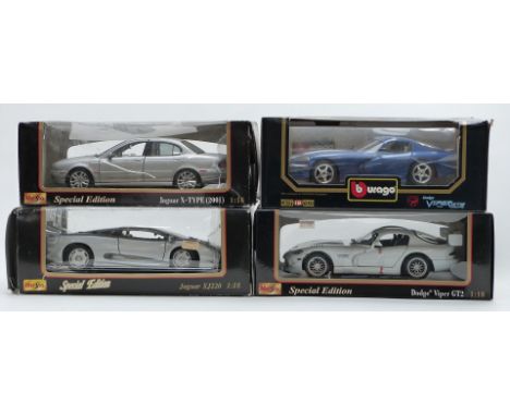 Four 1:18 scale diecast model vehicles Maisto Special Edition Dodge Viper GT2, Jaguar XJ220 and Jaguar X-Type (2001) and Bura