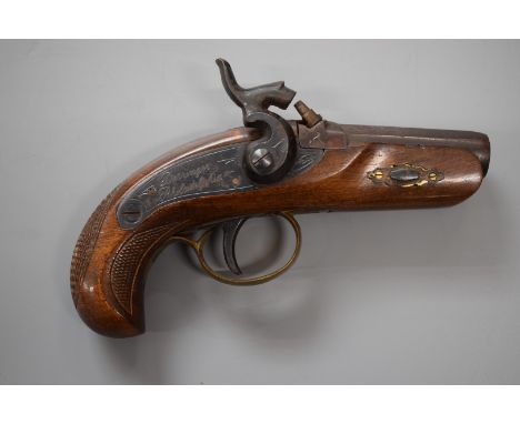 .44 percussion hammer action Derringer pistol with 'Derringer Philadelphia' to the lock, engraved decoration, chequered grip,