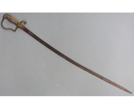 German 1880 pattern officers sword with dove head pommel, stirrup hilt, shield shaped langets stamped LG and 83cm curved pipe