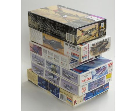 Six 1:72 and 1:48 scale plastic model kits comprising Academy Minicraft 1677, 1602 and 1678, Monogram 6062 and 7501 and Acura