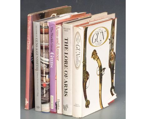 Seven gun related books comprising The Pleasure Of Guns Joseph Rosa &amp; Robin May, Arms and Armour Frederick Wilkinson, The