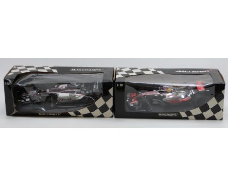 Two Minichamps 1:18 scale diecast model F1 racing cars, J Verstappen European Minardi Cosworth PS03 and L Hamilton Vodafone M