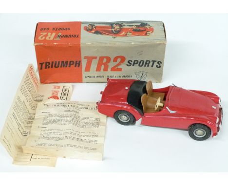 Victory Models 1:18 scale electric model Triumph TR2 Sports Car with red body and tan interior, in original box.&nbsp;