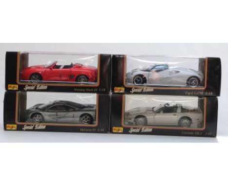 Four Maisto 1:18 scale Special Edition diecast model cars Corvette ZR-1 31809, Mustang Mach III 31815, Ford GT90 31827 and Mc