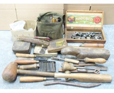A collection of lead, engineering and woodworking tools including Rabone, top and die sets, chisels, set of letter punches an