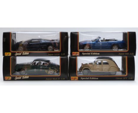 Four Maisto 1:18 scale Special Edition diecast model cars Jaguar Mark II 31833, XK831836 and XJ220 31807 and Citroen 2CV 3183