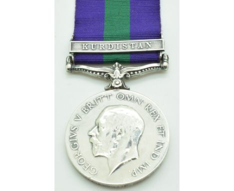 British Army General Service Medal with clasp for Kurdistan named to 2099 T D Karam Hussain, S &amp; T Corps