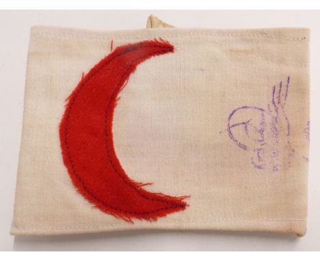 WW1 Turkish / Ottoman Red Crescent medic's cloth armband with ink stamp to front and 4308 to reverse, with button fixing