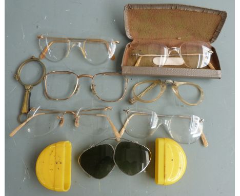 Five pairs of retro and vintage spectacles, three being of frameless design, two pairs of Art Deco style lorgnettes and a pai