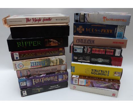 Sixteen vintage computer games including Full Throttle, Ripper, Perfect General, Steel Panthers II etc, all in original boxes