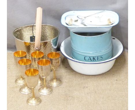 Enamel kitchenalia, Culinary Concepts champagne bucket (new) and six plated goblets with gilt wash style interiors
