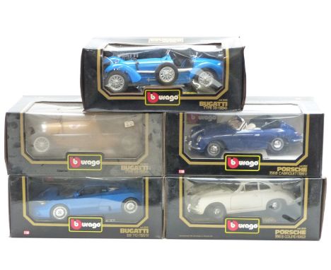 Five Burago 1:18 scale diecast model cars Bugatti EB 110 3035 and Type 59 3005 and Porsche 3005, 356B Coupe 3021 and 356B Cab