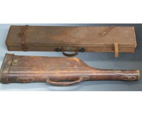 Two vintage shotgun carry cases, one leather leg of mutton (79x23x8.5cm) the other leather bound with fitted interior (82x18x