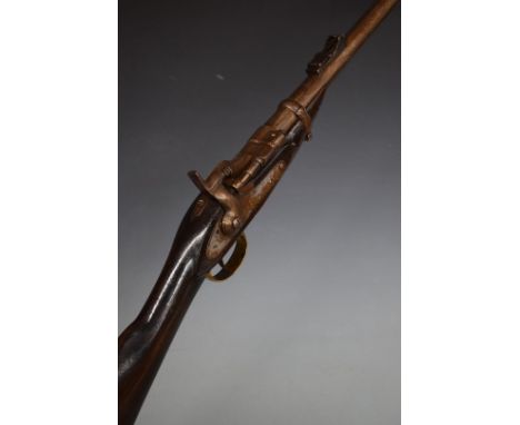 Snider percussion hammer action carbine rifle with border engraved lock and hammer, brass trigger guard and butt plate, adjus