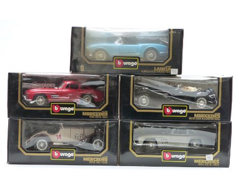 Five Burago 1:18 scale diecast model cars Mercedes-Benz 500K Roadster 3020, SSK 3009, 300 SL 3013 and 300 SL 3015 and Lancia 