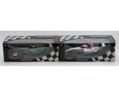 Two Minichamps 1:18 scale diecast model F1 racing cars J Button BAR Honda 006 and C Klien Jaguar Racing R5, both in original 