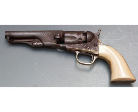 Colt Police model .36 five-shot single action percussion revolver with engraved frame, cylinder and barrel, engraved brass tr