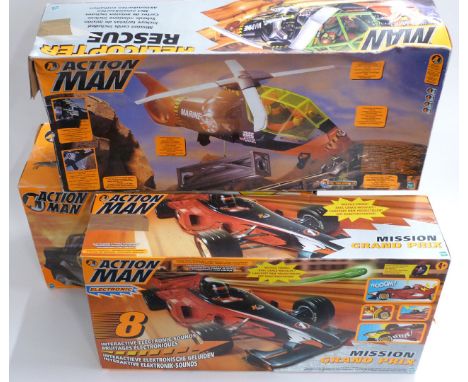 Three Hasbro Action Man vehicle sets Raid 4x4, Helicopter Rescue and Mission Grand Prix, all in original boxes.&nbsp;