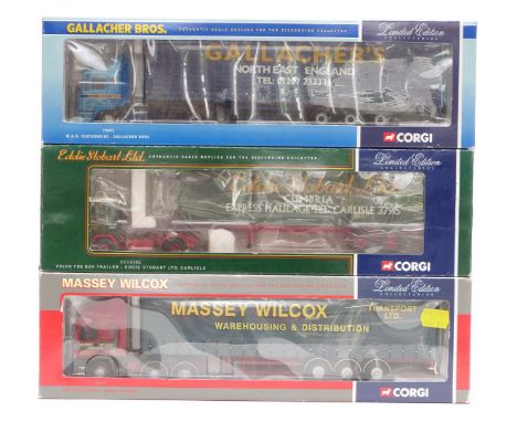 Three Corgi&nbsp;1:50 scale limited edition diecast model lorries Gallagher Bros. 75803, Eddie Stobart Ltd CC13101 and Massey