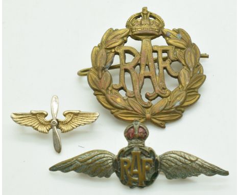 Royal Air Force cap badge, medal and enamel brooch and a winged propeller pin badge marked 'sterling' to reverse