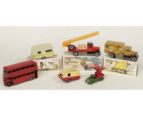 Six clockwork tinplate model vehicles comprising Minic double decker bus and caravan, The Chad Valley Toy Co Wee-Kin Tower Wa