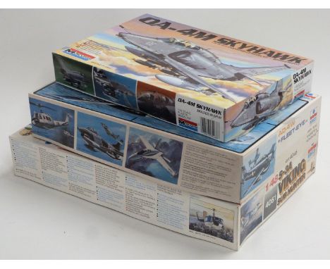 Three 1:48 scale plastic model kits comprising ESCI S-3A Viking Sub-Hunter 4051 and AD-4W Fleet-Eye 4046 and Monogram 0A-4M S