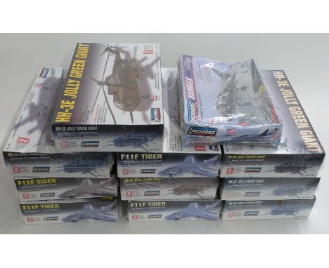 Eleven Lindberg 1:48 and 1:72 scale model aircraft kits including jets and helicopters, all sealed in original boxes.&nbsp;