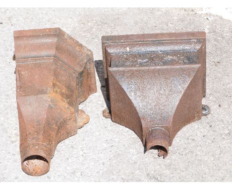 Two cast iron rainwater hoppers / planters, one with floral decoration, and a corner hopper, tallest 36cm