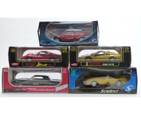 Five 1:18 scale diecast model cars comprising three Anson Ford Thunderbird, Ferrari Dino 246GT and Ferrari 328 GTS and two So