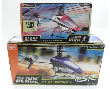 Two Horizon Hobby BNF Blade radio controlled model helicopters mSR and mSR X, both in original boxes.&nbsp;