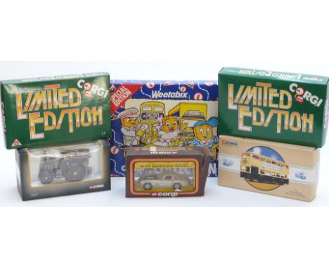 Six Corgi diecast model vehicles and vehicle sets including Vintage Glory Of Steam, Limited Edition 97084 and C26, Weetabix S