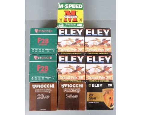 Two-hundred-and-fifty 28 bore shotgun cartridges including Eley Grand Prix and Fiocchi F26 Sporting, all in original boxes PL