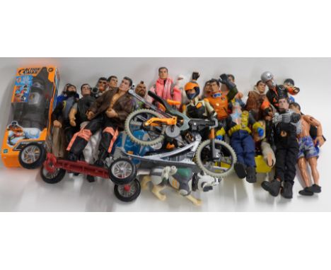 Twenty-One Action Man figures including some with felt hair, Snowball Mobile Fire Rider Polar Scooter in original box etc tog