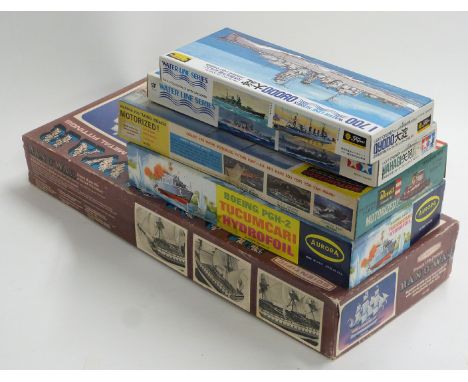 Five model boat and ship kits comprising Scientific Man O' War wooden kit, Aurora Boeing PGH-2 Tucumcari Hydrofoil, Revell Mo