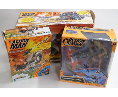 Three Hasbro Action Man vehicle sets Amazone Dinghy, Windsurfer Extreme and Jungle Explorer, all in original boxes.