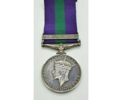 British Army General Service Medal with clasp for S.E. Asia 1945-46 named to 14736766 Gunner A S Hurkett, Royal Artillery&nbs