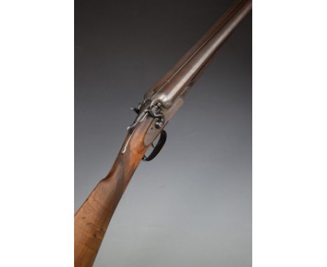 English 12 bore side by side hammer action shotgun with engraved locks, trigger guard, underside, hammers, top plate and thum
